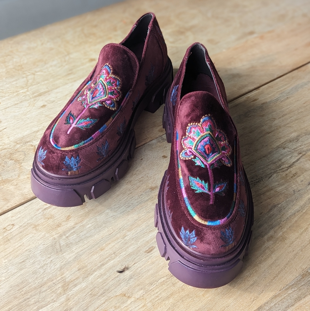 Farm Rio Burgundy Embroidered platform Loafer